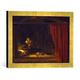 Gerahmtes Bild von Rembrandt Harmensz van Rijn "Die heilige Familie mit einem gemalten Rahmen und Vorhang - sog. Holzhackerfamilie", Kunstdruck im hochwertigen handgefertigten Bilder-Rahmen, 40x30 cm, Gold Raya