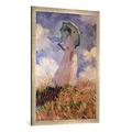 Gerahmtes Bild von Claude Monet "Frau mit Sonnenschirm, nach links gewendet, Suzanne Hoschedé", Kunstdruck im hochwertigen handgefertigten Bilder-Rahmen, 70x100 cm, Silber Raya
