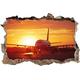 Pixxprint 3D_WD_2399_92x62 Landendes Flugzeug Bei Sonnenuntergang Wanddurchbruch 3D Wandtattoo, Vinyl, Bunt, 92 x 62 x 0,02 cm