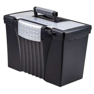 Storex 61510U01C Black Plastic Portable Letter / Legal File Storage Box with Organizer Lid - 14 1/2" x 10 1/2" x 12"