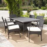 Highland Dunes Emmeline 7 Piece Outdoor Dining Set w/ Cushion Wicker/Rattan in Brown | 28.5 H x 69.25 W x 38 D in | Wayfair