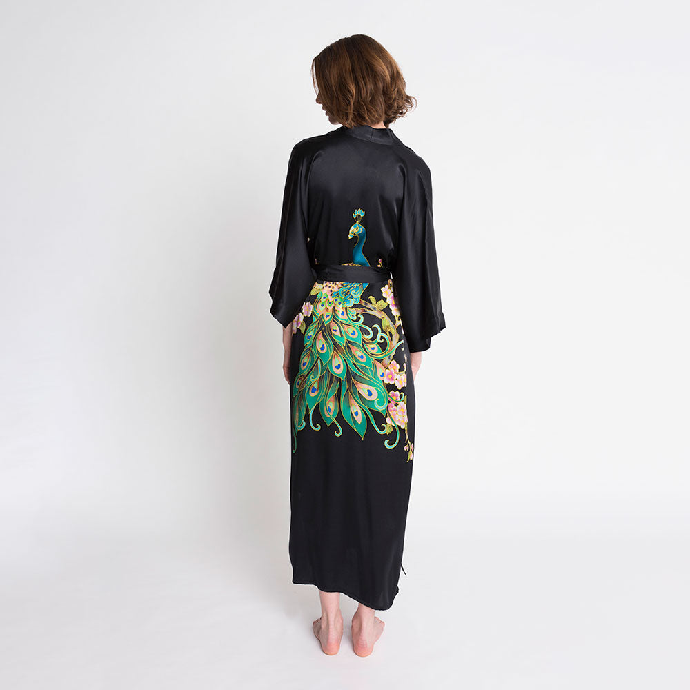 KIM+ONO Kimono Robe | Silk Handpainted Peacock Long Kimono Robe | Silk | Black | Long