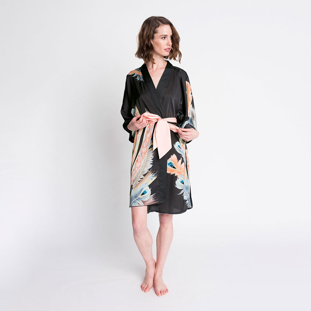 Peacock Feather Kimono Robe - Short | KIM+ONO - black (final sale) / one size