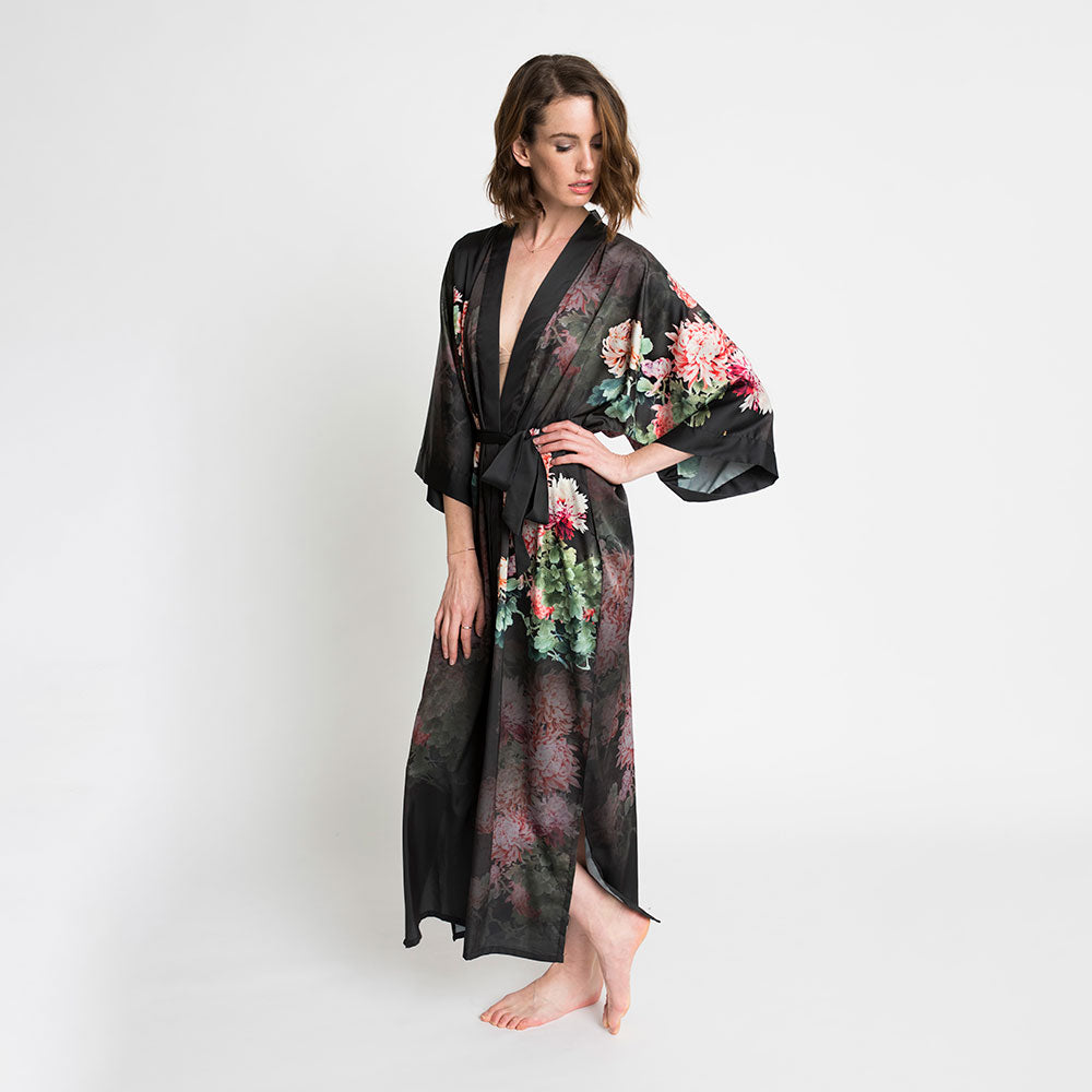 KIM+ONO Kimono Robe | Coral Chrysanthemum Long Kimono Robe | Polyester Charmeuse | Black | Long