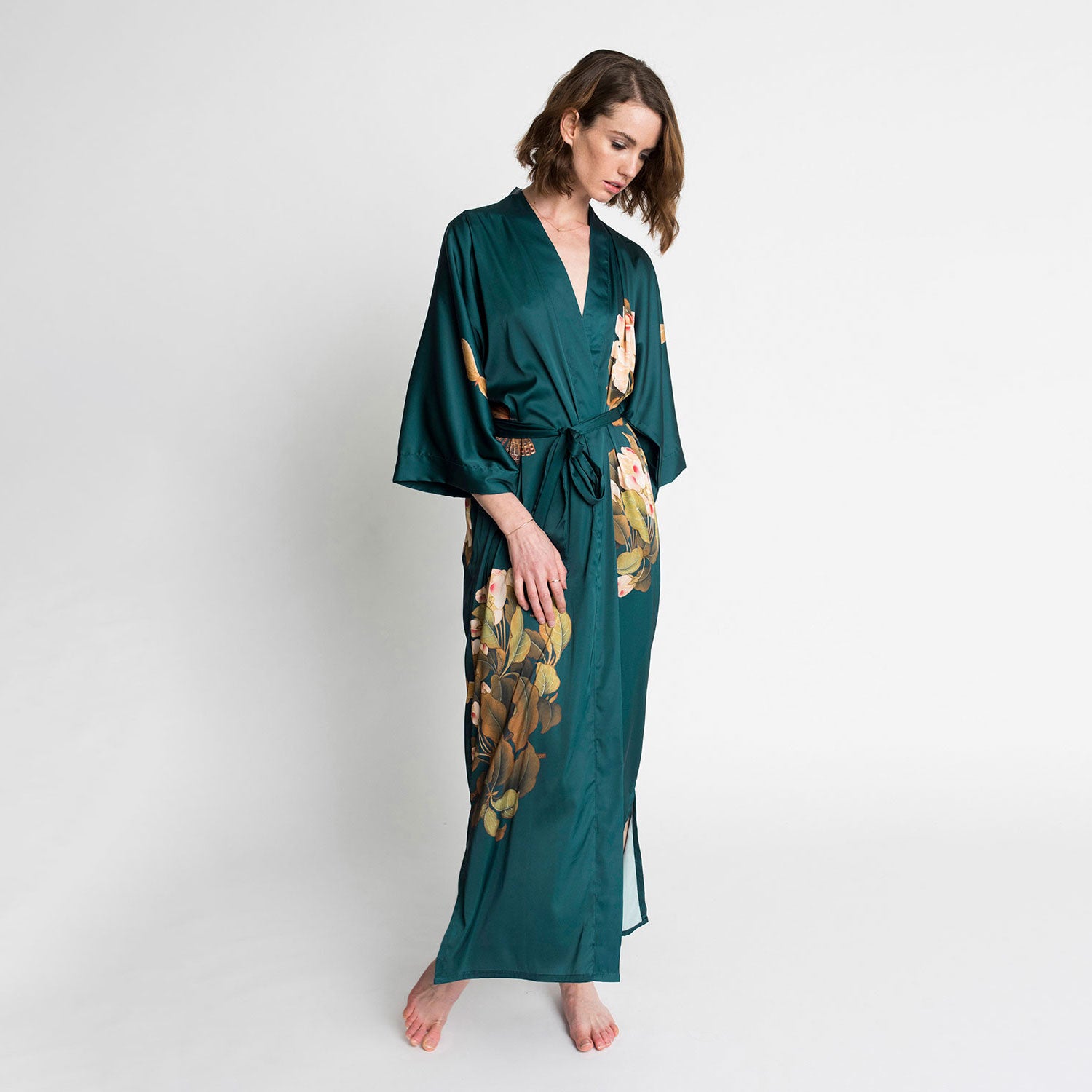 KIM+ONO Kimono Robe | Peony & Butterfly Long Kimono Robe | Polyester Charmeuse | Vintage Teal | Long