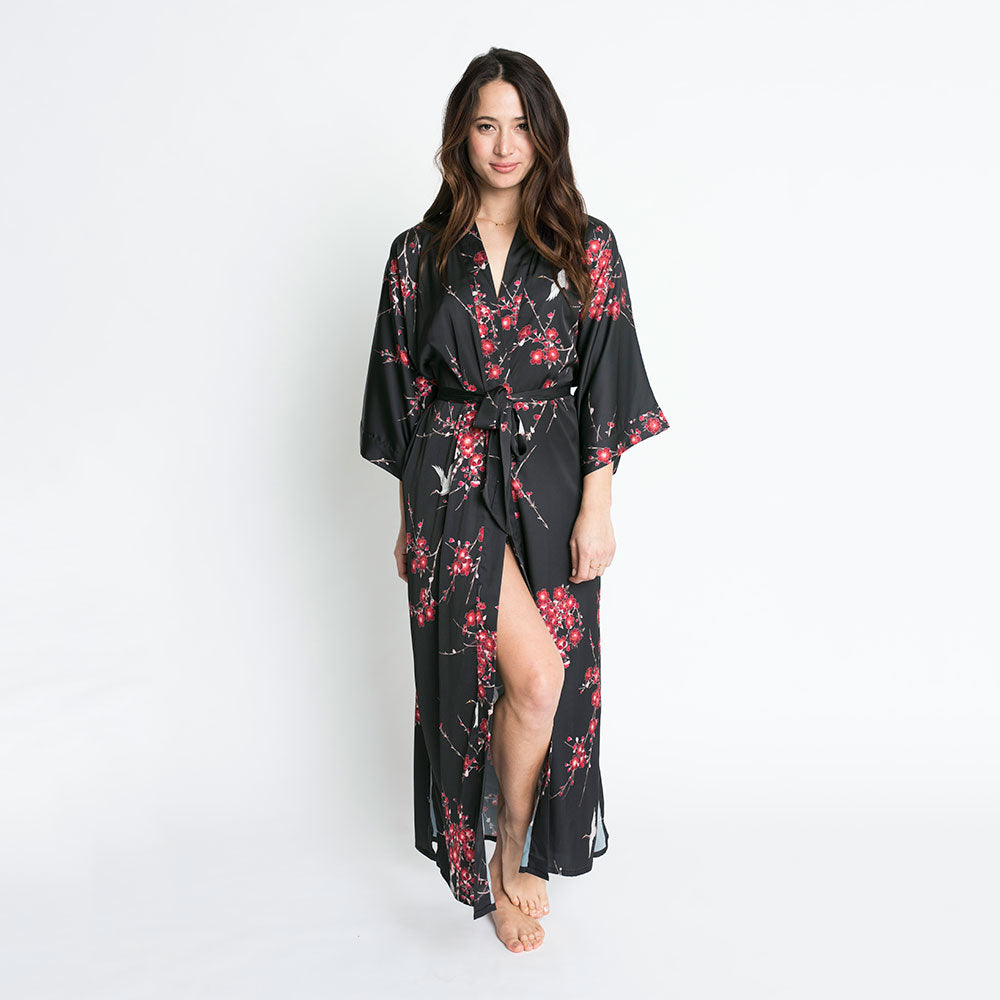 KIM+ONO Kimono Robe | Cherry Blossom & Crane Long Kimono Robe | Polyester Charmeuse | Black | Long