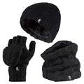 Heat Holders - Womens Thermal winter fleece cable knit Hat, Neck Warmer and Converter Gloves set (Black)