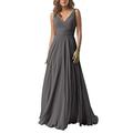 Leader of the Beauty Chiffon A Line Double V Neck Bridesmaid Dress Long Wedding Evening Dress Grey UK 18