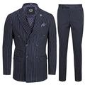 Xposed Mens Navy 3 Piece Double Breasted Chalk Stripe Suit Classic Vintage Tailored Fit [Chest UK 42 EU 52,Trouser 36",Navy Blue]