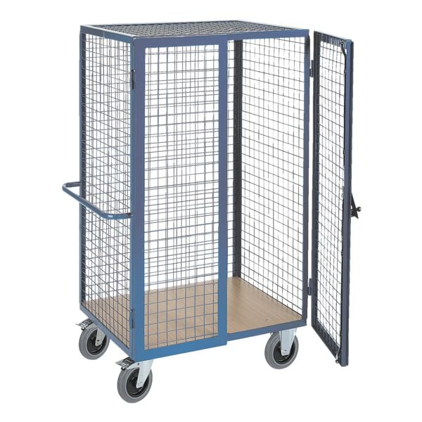 ROLLCART Gitter-Schrankwagen mit Zylinderschloss 98x70 cm Holz-Ladefläche blau, 115x180x72 cm Image