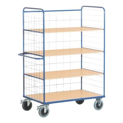 ROLLCART Hoher Etagenwagen mit Gitter 100x70 cm Holz-Ladefläche blau, 120x188x70 cm
