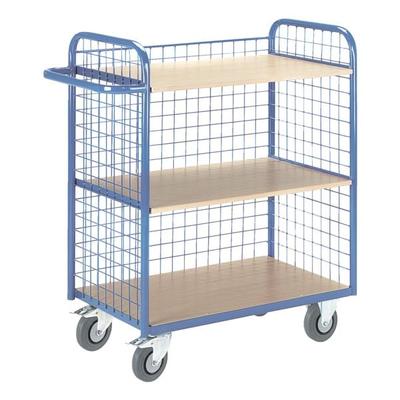 ROLLCART Etagenwagen mit 3 Gitterwänden 100x49 cm Holz-Ladefläche blau, 118x107x50 cm