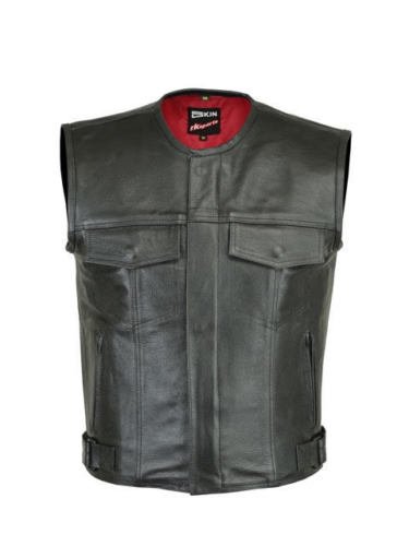 RKsports Mens Motorcycle Biker Waistcoat Full Leather Black Gillet Vest Cut Zipper Pocket (5XL)