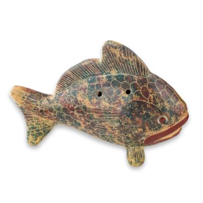 Ceramic ocarina, 'Blue Red Beige Fish'