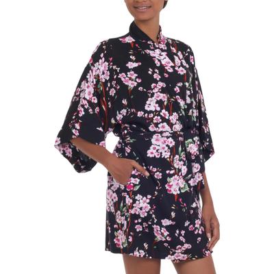 Spring Cherry Blossom,'Floral Rayon Robe in Black ...