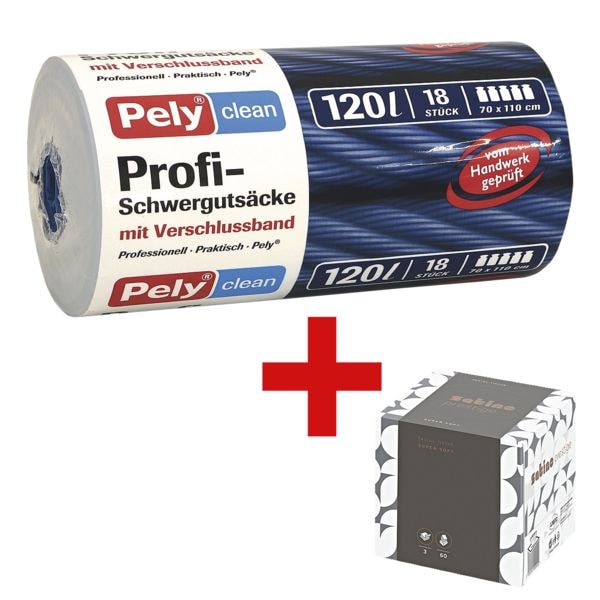 Pely 18 Schwerlast-Müllsäcke 120 L blau inkl. Kosmetiktücher in Zupf-Box blau, 110 cm Image
