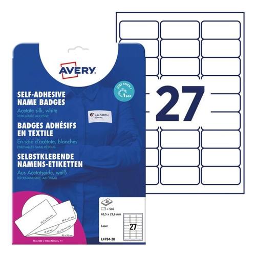 Selbstklebende Textilschild-Namensschilder 63,5 x 29,6 mm (L4784-20) weiß, Avery Zweckform, 6.3×3 cm