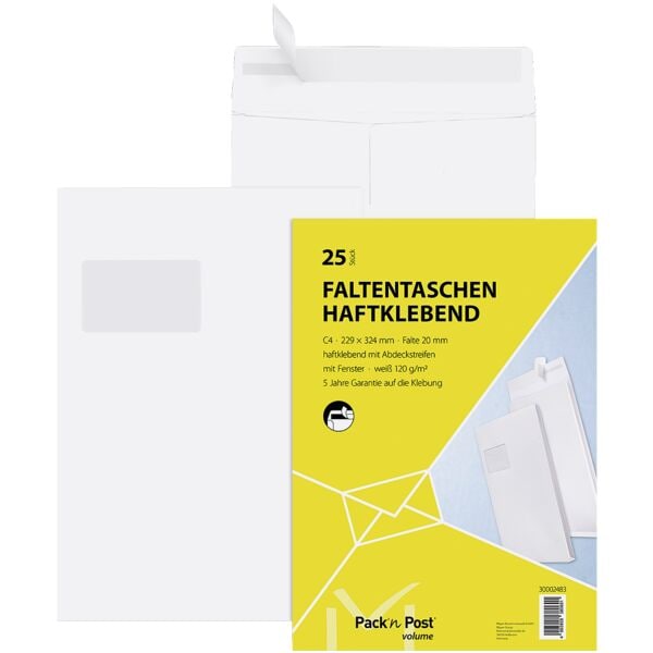 Mailmedia Faltentasche mit Fenster C4 mit 20mm Boden 120 g/m² Offset weiß 25 Stück weiß, 32.4x22.9 cm Image