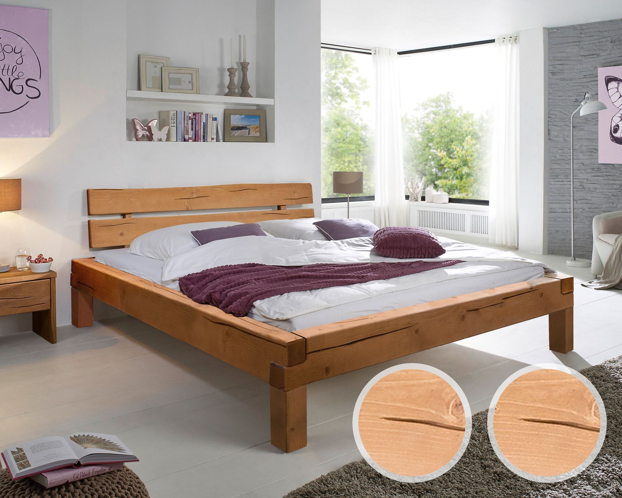 3S Frankenmöbel »Young« Massivholz Balkenbett 160x200 cm / Eichefarbig