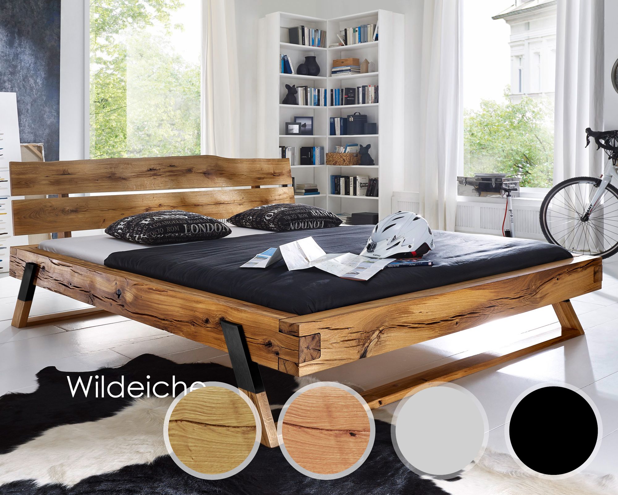 3S Frankenmöbel »Forest« Massivholz Balkenbett Wild BE-0276 / 160x200 cm / Wildeiche geölt / Alteisenoptik