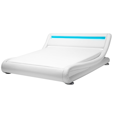 Bett Kunstleder Weiß 160 x 200 cm LED Beleuchtung Mit Lattenrost Geschwungene Formgebung Elegant Modern