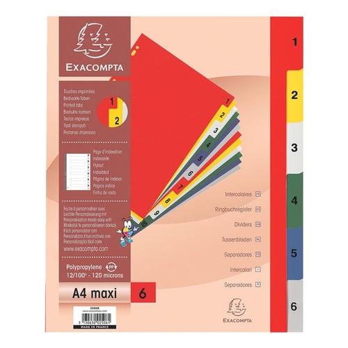 Kunststoffregister »2506E« 1-6 A4 Maxi mehrfarbig, EXACOMPTA, 24.5×29.7 cm