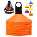 Pro Disc Cones (Set of 50) - Agility Soccer Cones with Carry Bag and Holder for Sports Training, Football, Basketball, Coaching, Practice Equipment, Kids - Includes 15 Best Drills Book (Bright Orange)