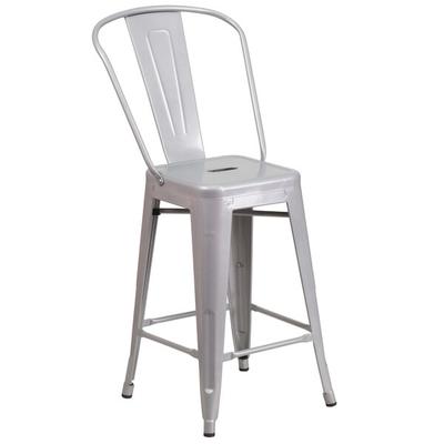 Flash Furniture CH-31320-24GB-SIL-GG 24" Silver Galvanized Steel Counter Height Stool with Vertical Slat Back and Drain Hole Seat