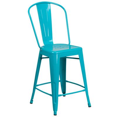 Flash Furniture ET-3534-24-CB-GG 24" Crystal Teal Blue Galvanized Steel Counter Height Stool with Vertical Slat Back and Drain Hole Seat