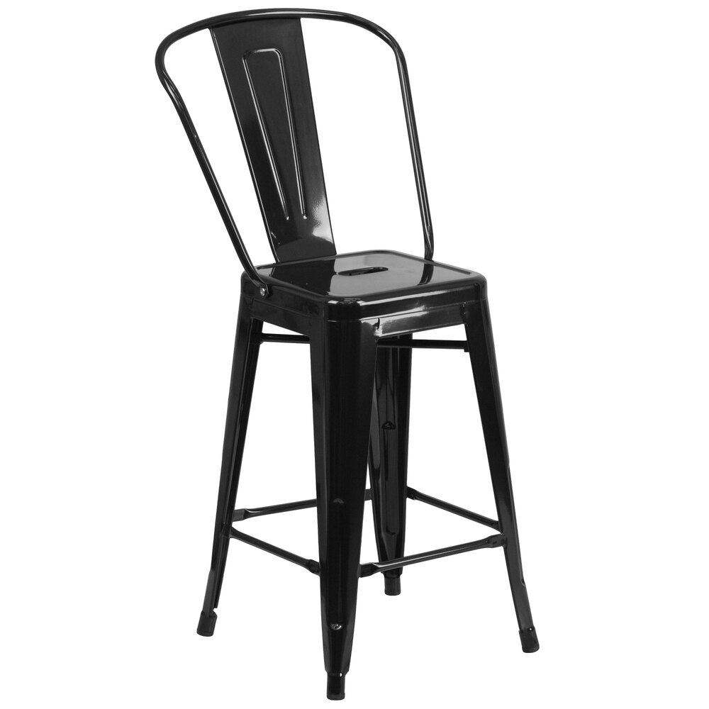 "Flash Furniture CH-31320-24GB-BK-GG 24"" Black Galvanized Steel Counter Height Stool with Vertical Slat Back and Drain Hole Seat"