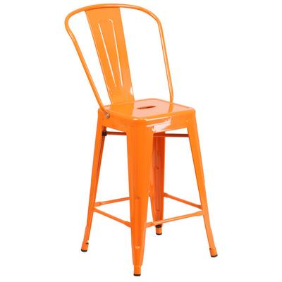 Flash Furniture CH-31320-24GB-OR-GG 24" Orange Galvanized Steel Counter Height Stool with Vertical Slat Back and Drain Hole Seat