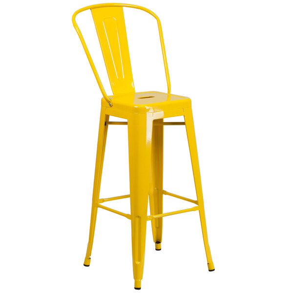 Flash Furniture CH-31320-30GB-YL-GG 30" Yellow Galvanized Steel Bar Height Stool with Vertical Slat Back and Drain Hole Seat