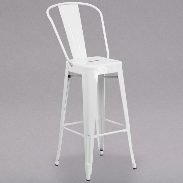 Flash Furniture CH-31320-30GB-WH-GG 30" White Galvanized Steel Bar Height Stool with Vertical Slat Back and Drain Hole Seat
