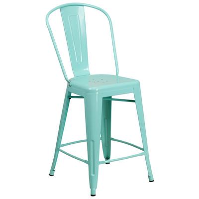 Flash Furniture ET-3534-24-MINT-GG 24" Green Mint Galvanized Steel Counter Height Stool with Vertical Slat Back and Drain Hole Seat