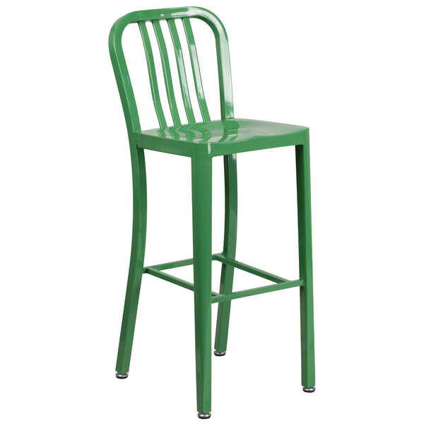 Flash Furniture CH-61200-30-GN-GG 30" Green Metal Indoor / Outdoor Bar Height Stool with Vertical Slat Back