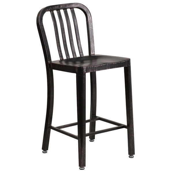 Flash Furniture CH-61200-24-BQ-GG 24" Black-Antique Gold Metal Indoor / Outdoor Counter Height Stool with Vertical Slat Back