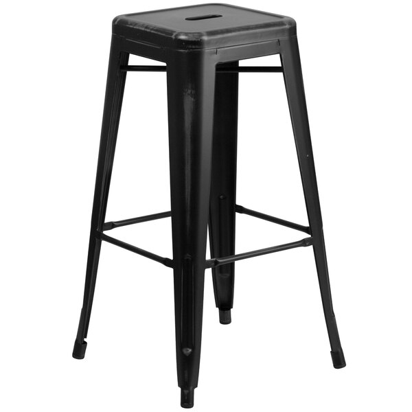 "Flash Furniture ET-BT3503-30-BK-GG 30"" Distressed Black Stackable Metal Indoor / Outdoor Backless Bar Height Stool with Square Drain Seat"