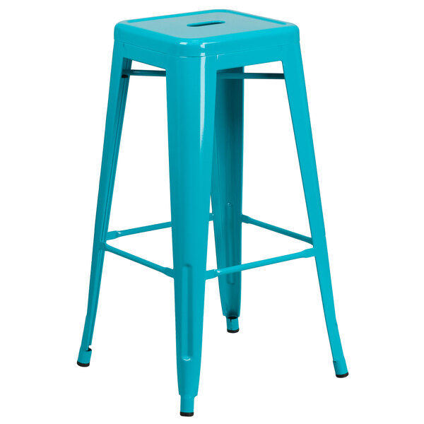 Flash Furniture ET-BT3503-30-CB-GG 30" Crystal Teal Blue Stackable Metal Indoor / Outdoor Backless Bar Height Stool with Square Drain Seat
