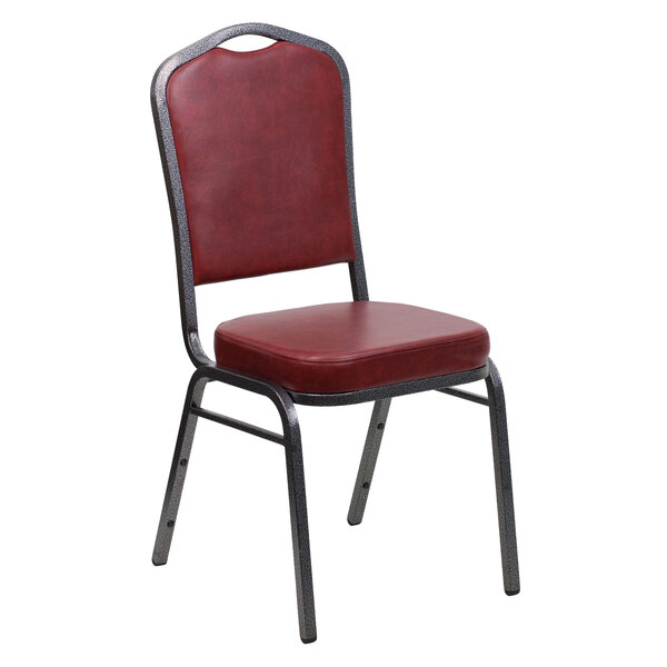 Flash Furniture FD-C01-SILVERVEIN-BURG-VY-GG Hercules Burgundy Vinyl Crown Back Stackable Banquet Chair with Silver Vein Frame