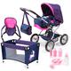 Bayer Design 15054AB, Puppenwagen-Set Grande mit Tasche, Trage, Teller, Gabel, Löffel, Reisebett, Puppenzubehör, Blau/Pink/Einhorn