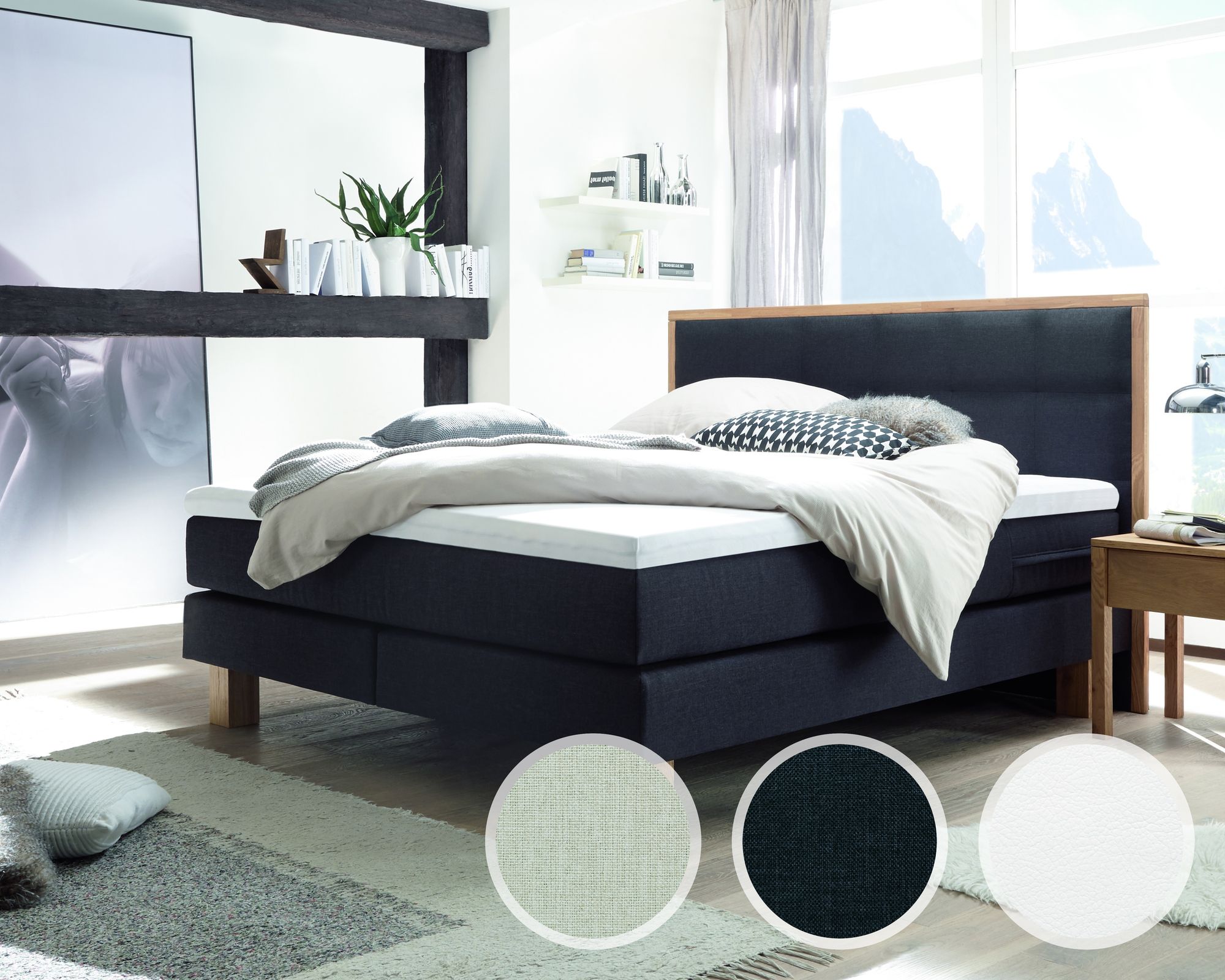 Hasena Boxspringbett Pronto Cottage 160x200 cm / Pepe beige 327 / Eiche massiv bianco / Superio-Top