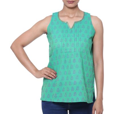 Amethyst Aura,'Block-Printed Cotton Blouse in Meadow from India'
