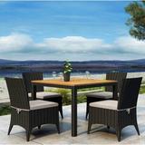 Wade Logan® Alvydas 5 Piece Teak Outdoor Dining Set w/ Sunbrella Cushion Wood/Teak in Brown/White | Wayfair 8E0BE0AF728640A89C7F491F5EE359B3