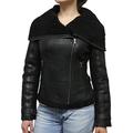 BRANDSLOCK Ladies Women Short Fitted Vintage Biker Style Real Shearling Sheepskin Aviator Merino Wool Collar Flying Leather Jacket with Zipped Pockets (Black, m)