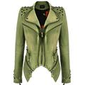 YYZYY Women's Fashion Punk Studded Denim Cotton Motorcycle Biker Jacket Coat Perfectly Shaping Slim Fit Full Zipper Short Jacket Ladies (XS (UK 10), Green)