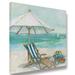 Highland Dunes 'Beach Chair & Umbrella 01' Acrylic Painting Print on Wrapped Canvas in Blue/Brown | 36 H x 36 W x 1.5 D in | Wayfair