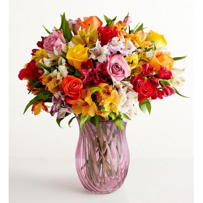 1-800-Flowers Flower Delivery Assorted Roses & Peruvian Lilies Double Bouquet W/ Pink Vase | Same Day Delivery Available