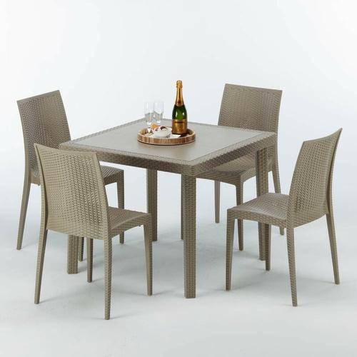 Grand Soleil - Polyrattan Tisch Quadratisch mit 4 Bunten Stühlen 90x90 Beige Elegance | Bistrot