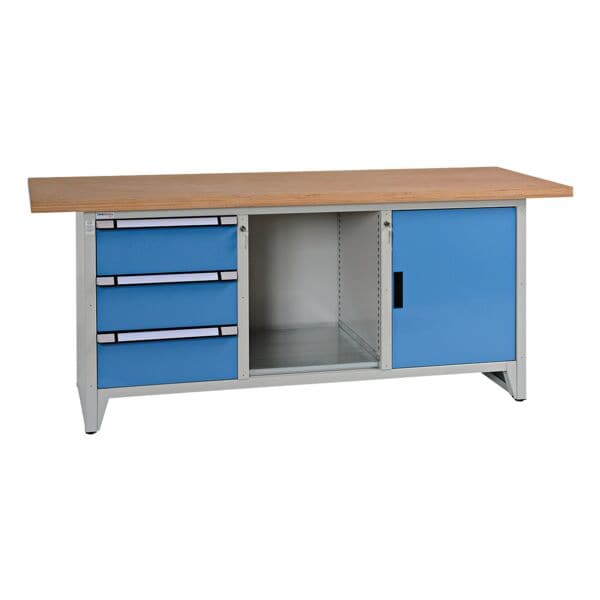 THURMETALL Systemwerkbank mit Tür, 3 Schubladen, offenes Fach grau, 200x84x70 cm