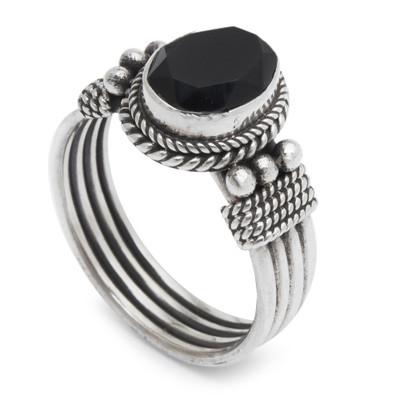 Onyx crown ring, 'Bali Glow' - Sterling Silver and Onyx Ring